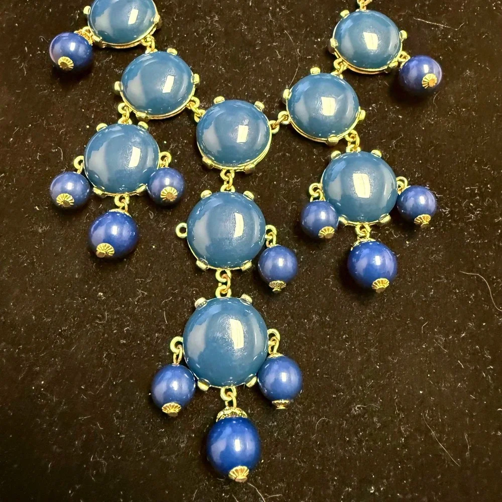Blue Cabochon‎ Statement Bib Necklace Gold Tone Tiered Bead Drop Adjustable